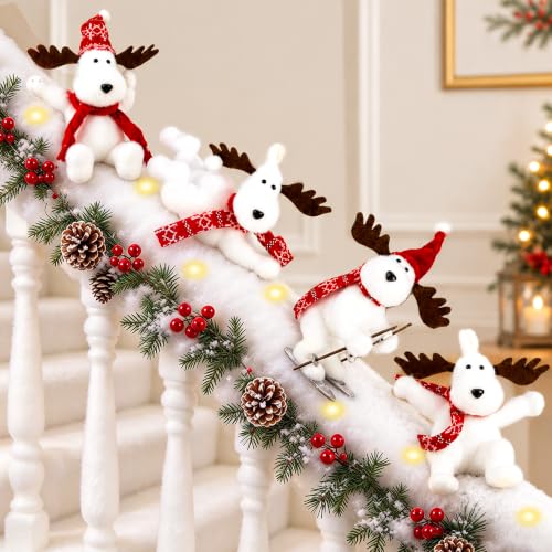 Christmas Reindeer Staircase Decorations Set 4PCS with LED String Lights - Holiday Home Decor