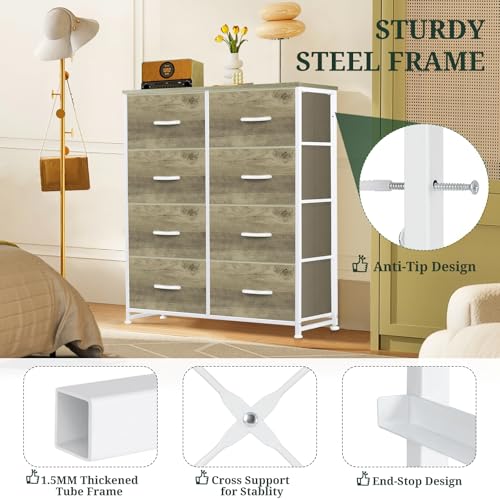 8-Drawer Dresser for Bedroom, Anti-Tip Tall Storage Organizer Chest of Drawers with Wooden Top and Metal Frame Fabric Bins for Closet, Living Room, Hallway, Entryway, Greige Oak