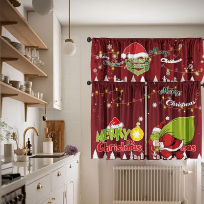 Christmas Curtain Valances Set - Red, 3-Piece Holiday Kitchen Window Decor