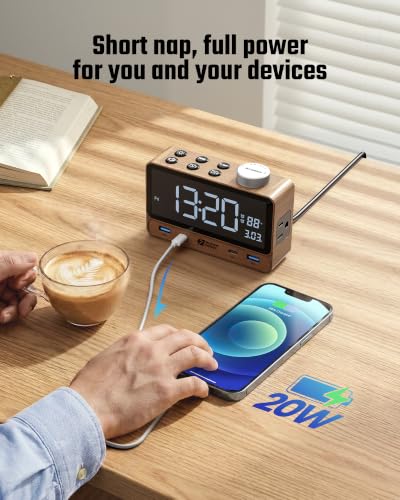 Walnut Wood Superdanny Alarm Clock with 20W PD Charging Station, 4 USB & 2 AC Outlets
