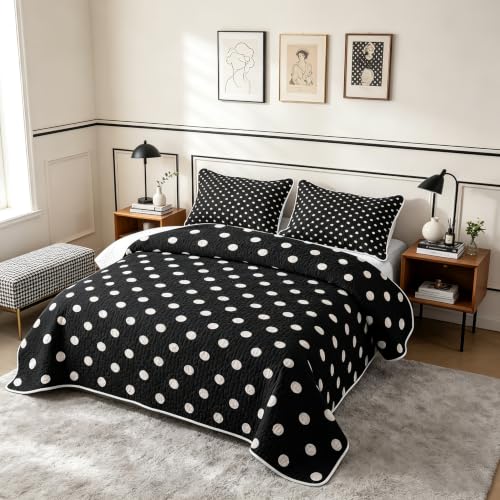 King Size Black White Polka Dot Quilt Set 3 Pieces Bedding with Pillowcases - Retro Geometric All Season Comfort
