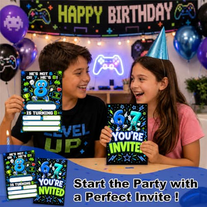 8th Boys Birthday Invitations Blue Party Invitations Gamer Teal Set
