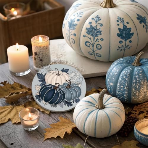 Fall Ceramic Drink Coasters Set - Blue Pumpkin Leaves Decor, 4 Pieces