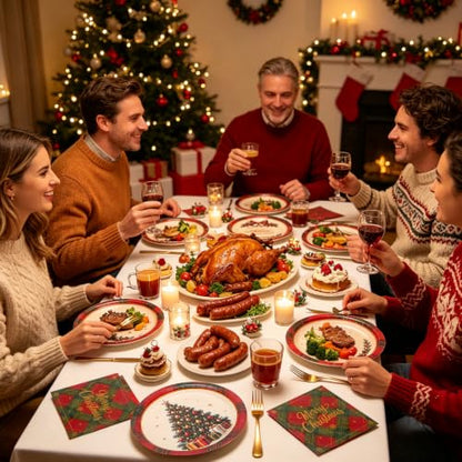 Christmas Tree & 100Pcs Buffalo Plaid Paper Plates and Napkins Set - Red & Green