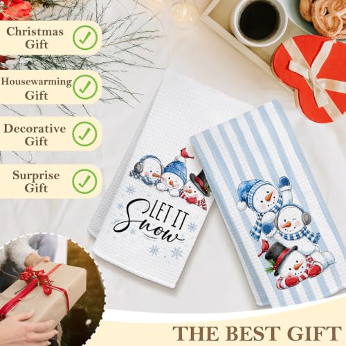 Let It Snow Winter Snowman Kitchen Towels Set of 2 - 16x24 Inches, Decorative Waffle Style, Absorbent, Holiday Gift