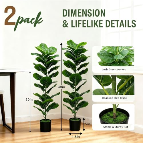 Faux Fiddle Leaf Fig Trees 40 Inch 2 Pack Indoor Floor Plants - Green-40"
