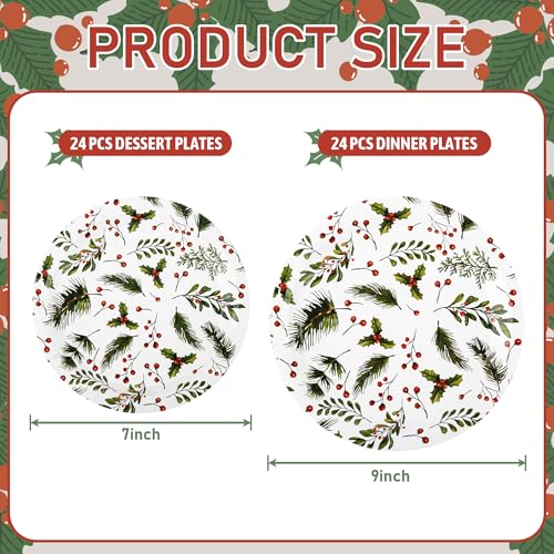 Christmas Paper Plates Holly Berries Disposable Party Plates Set of 48