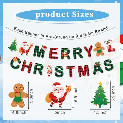 Christmas Banner with Santa Gingerbread & Tree Patterns - Red Green Buffalo Plaid Holiday Decor