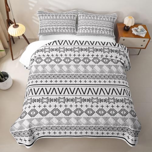 White Black Boho Geometric Quilt Set Twin with Pillowcase - Modern Bedding