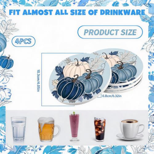 Fall Ceramic Drink Coasters Set - Blue Pumpkin Leaves Decor, 4 Pieces