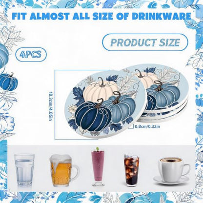 Fall Ceramic Drink Coasters Set - Blue Pumpkin Leaves Decor, 4 Pieces
