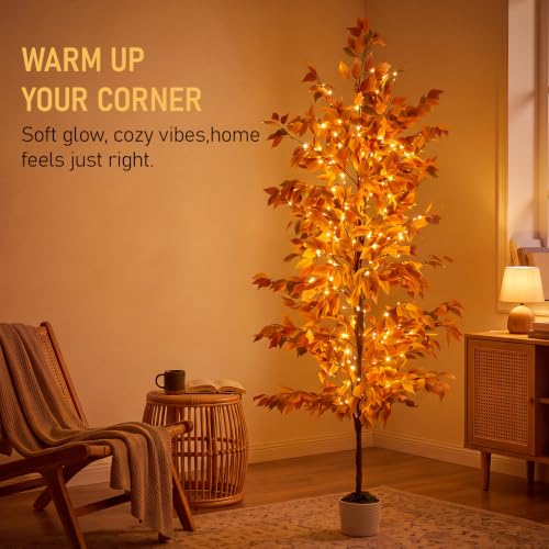 7.7ft Artificial Ficus Tree with String Lights & Woven Basket for Indoor Decor