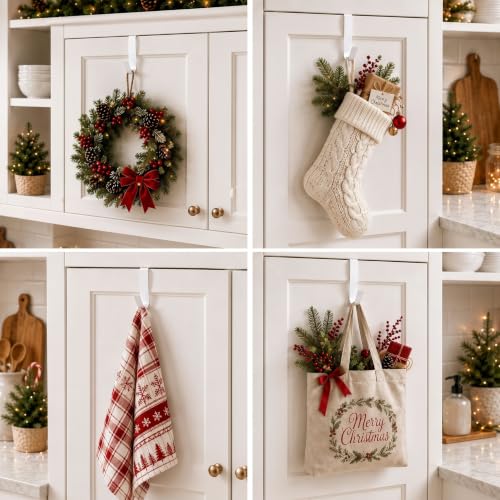 4Pcs Christmas Wreath & Cabinet Door Hooks 3x0.9'' White - No Damage