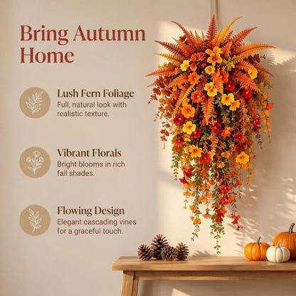 Artificial Fall Harvest Hanging Basket with Lifelike Flowers - Autumn Porch Decor - Variation 2