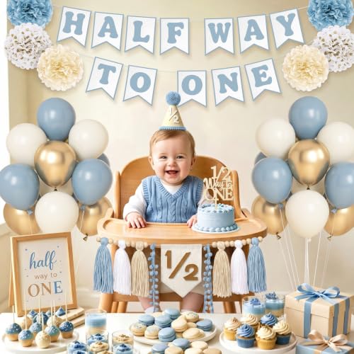 Half Birthday Decorations Kit Dusty Blue - 1/2 Birthday Banner & Party Supplies