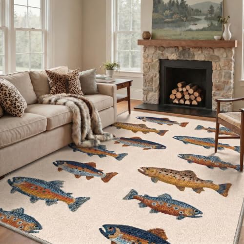 Fishing Runner Rug 2x5ft - Washable Colorful Trout Pattern Floor Mat
