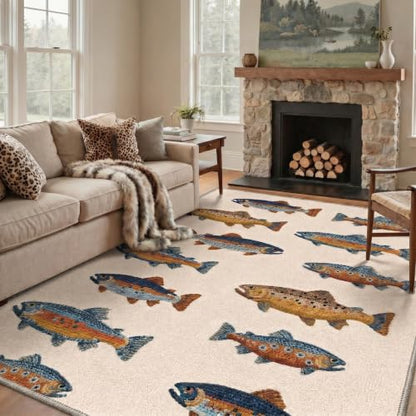 Fishing Runner Rug 2x5ft - Washable Colorful Trout Pattern Floor Mat