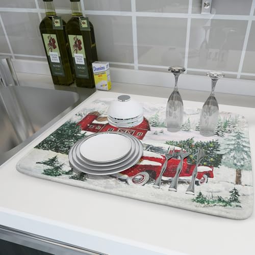 Christmas Red Truck Dish Drying Mat 18x24 Inch Kitchen Accessories