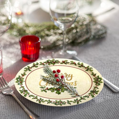 30Pcs Christmas Holly Paper Disposable Oval Plates 10x12 Inch Holiday Party Supplies