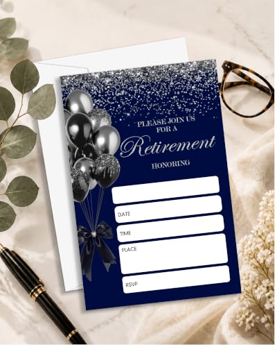 Navy Blue Retirement Party Invitations Set with Envelopes - 25 pcs