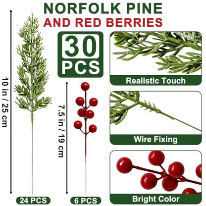 30Pcs Artificial Pine Branches with Red Berry Stems for Holiday Decor - Variation of THIS listing