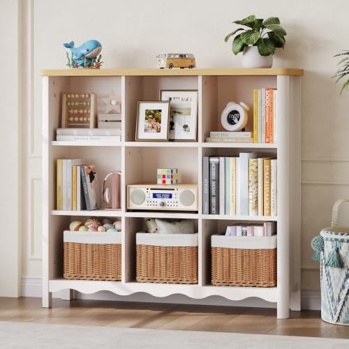 ONBRILL 9 Cube Bookcase Storage Organizer for Kids Rooms White & Nature
