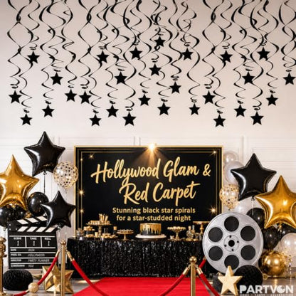 Black Party Streamers Pack - Swirls & Star Toppers for Halloween & Birthday Decorations