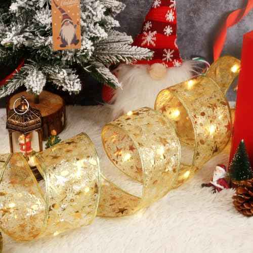 CandyHome 2 Pcs Christmas Tree Decorations, Total 40ft 120 Led Christmas Tree Ribbon Lights Battery Operated Ribbon Bows Copper Wire String Lights for Xmas Party Holiday New Year Home Decor, Gold