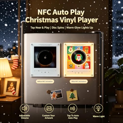 Christmas Refrigerator Magnet with NFC Vinyl Record Player - Retro Holiday Decor