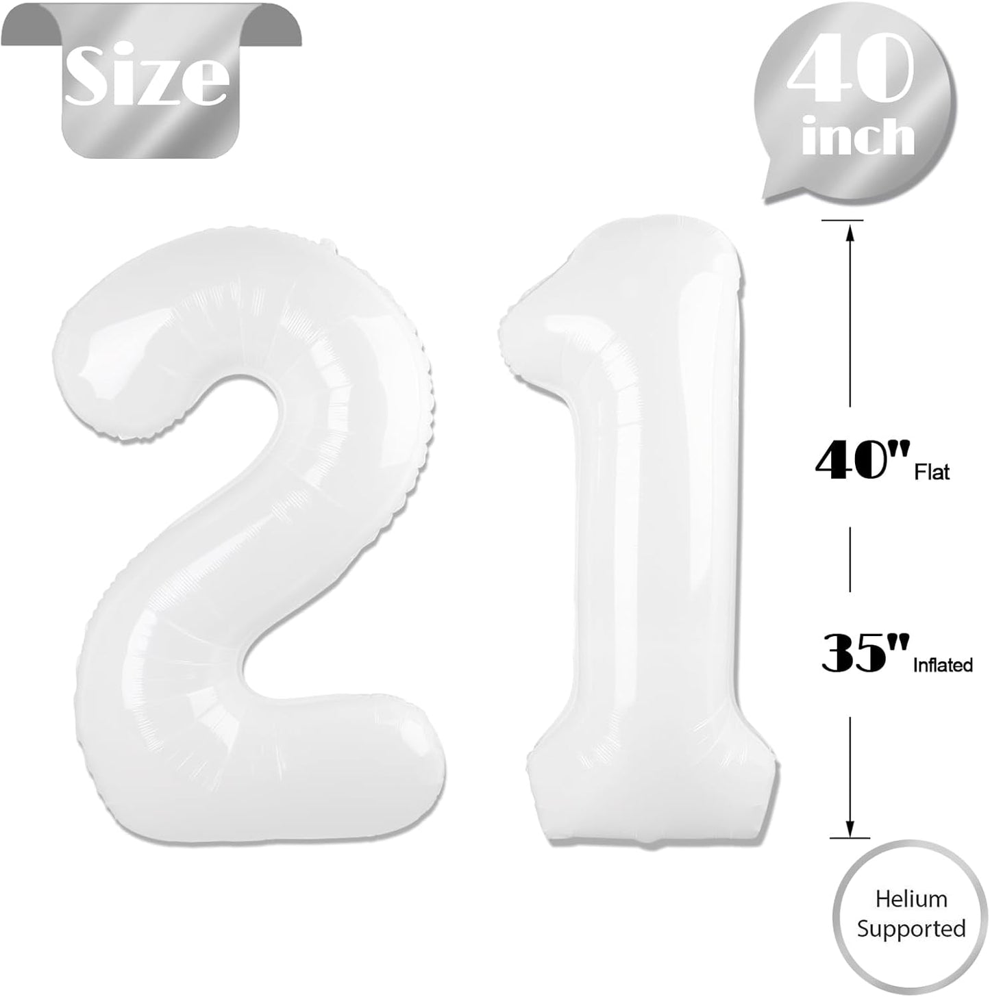 Number 21 Balloon by Party Essentials - 40 Inch White Birthday Decoration for 21st Celebration