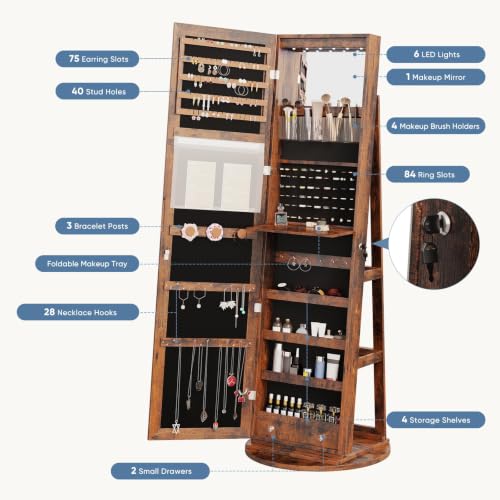 OLIXIS 360° Swivel Jewelry Cabinet with Light & Lockable Full Length Mirror - Brown