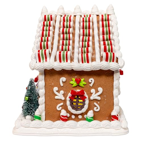 Battery Operated Gingerbread House Decor with Santa and Ribbon Candy Roof - Christmas Table Centerpiece
