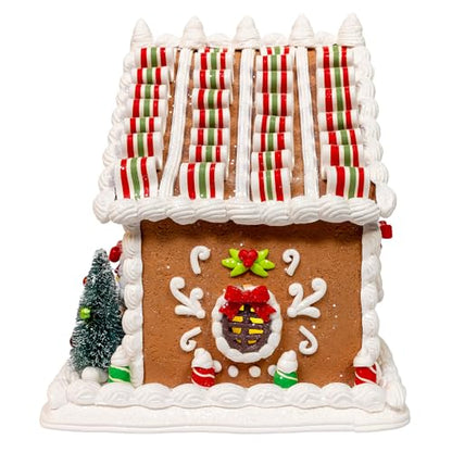 Battery Operated Gingerbread House Decor with Santa and Ribbon Candy Roof - Christmas Table Centerpiece