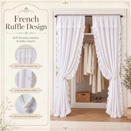 White Ruffled Closet Curtains Set with Tiebacks - 42 x 80 Inches