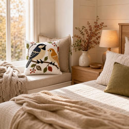 Botanical Birds Embroidered Throw Pillow Cover 18x18 Inches - Pack of 1