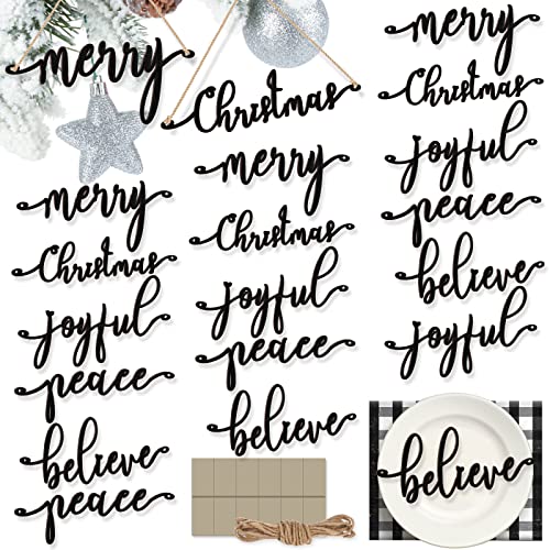 Christmas Wooden Word Sign Ornaments Set - Black, 20 Pieces, Holiday Decor