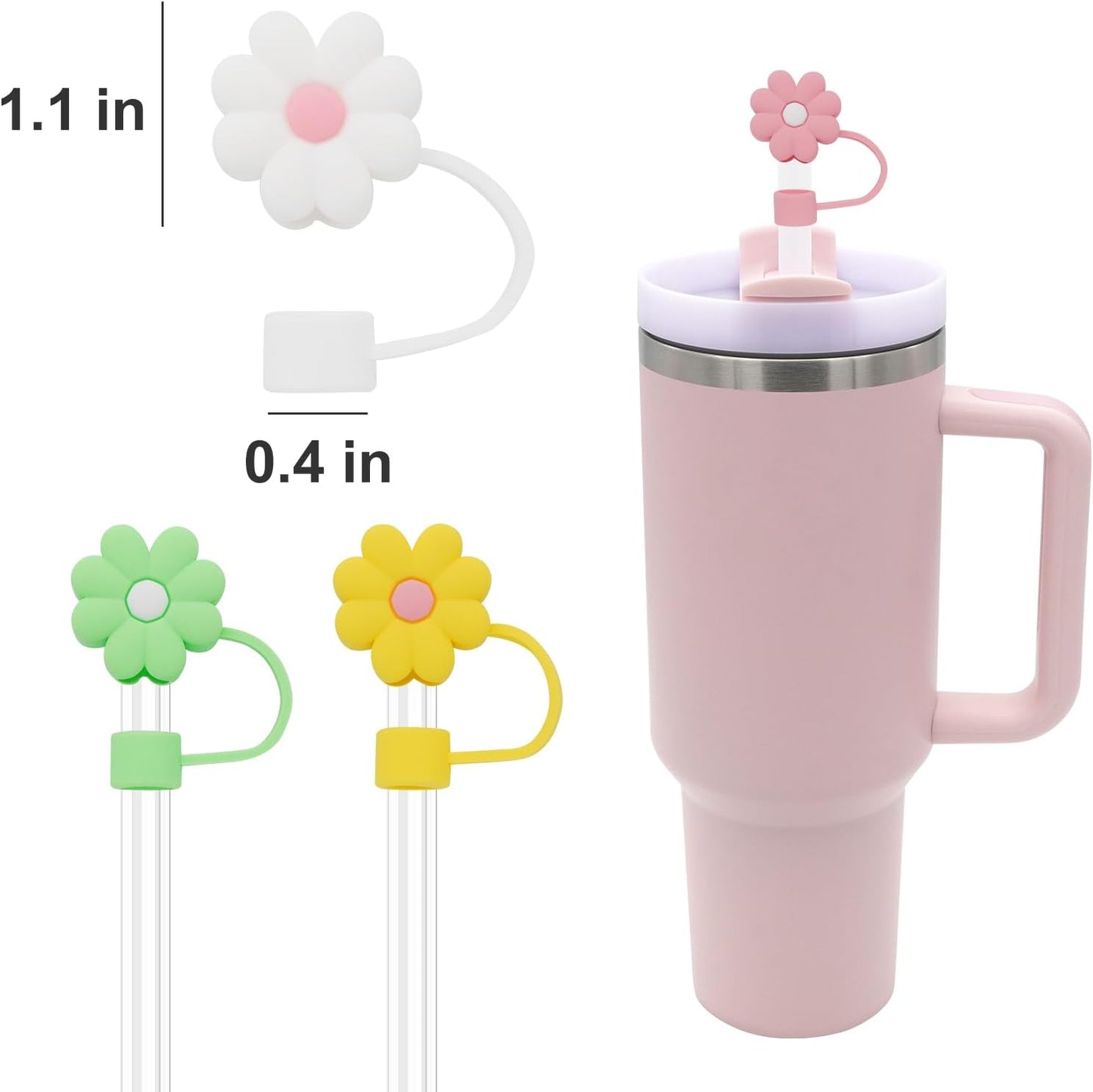 Skiennix Silicone Straw Covers - Cute 0.4in Diameter Dust-Proof Caps for Stanley Cup | 4 Pcs Flower Design