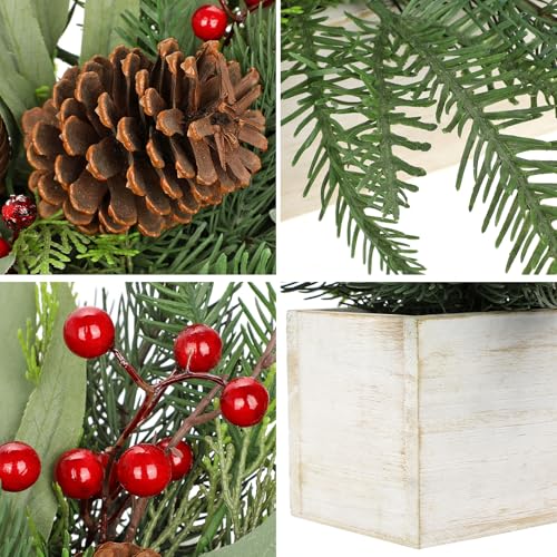 Christmas Centerpieces for Table - Artificial Norfolk Pine with Red Seeds & Eucalyptus in White Wooden Pot - White Variation