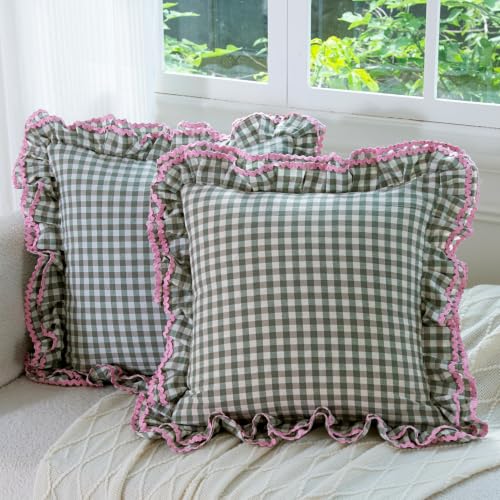 Green White Gingham Pillow Sham Set with Ruffle and Ric-Rac Trim - 24x24 Inch