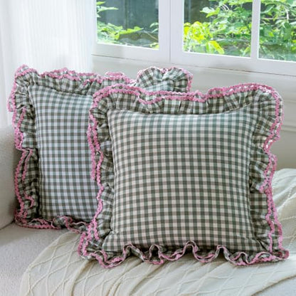 Green White Gingham Pillow Sham Set with Ruffle and Ric-Rac Trim - 24x24 Inch