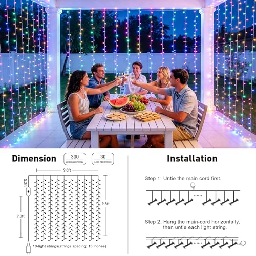 RGB Curtain Lights 300 LEDs 9.8×9.8FT Color Changing String Lights with Remote & App Control