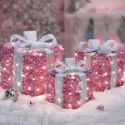 Pink Lighted Gift Box with 140 LEDs Christmas Decorations - Elegear - Standard