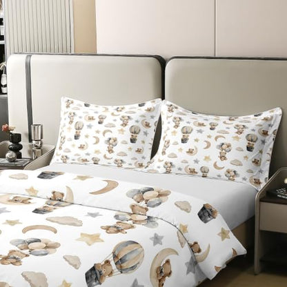 Feelyou Bear Duvet Cover Set Full Size 3PCS for Boys Girls Brown Yellow White
