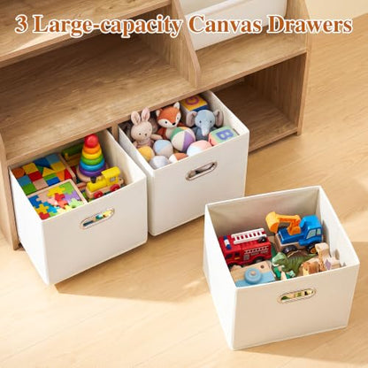 Kids Bookshelf & Toy Storage Organizer - 4-Tier Wooden Toddler Bookcase with Removable Fabric Bins