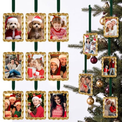 9 Pcs Christmas Photo Frame Ornament for Tree Gold Scalloped Emerald Green