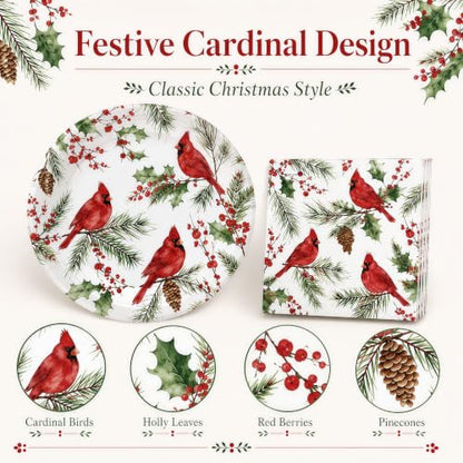 Christmas Paper Plates and Napkins Set - Cardinal Holiday Design - 50 Pieces