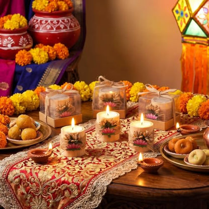10 Sets Indian Return Gifts for Pooja Lotus Wood Tealight Candle Holders - Jute & Gold Accent