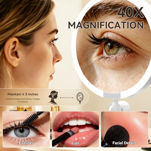 Travel Makeup Mirror with Lights 1X/40X Magnification and Adjustable Color Illumination