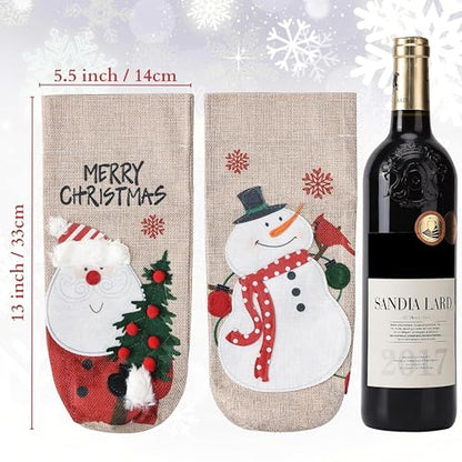 Christmas Burlap Wine Bottle Gift Bags Set of 4 - 13 x 5.5 Inches