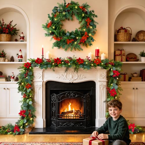 9 FT Christmas Garland with Lights - Artificial Pine Needle with Red Berries - Variation 1